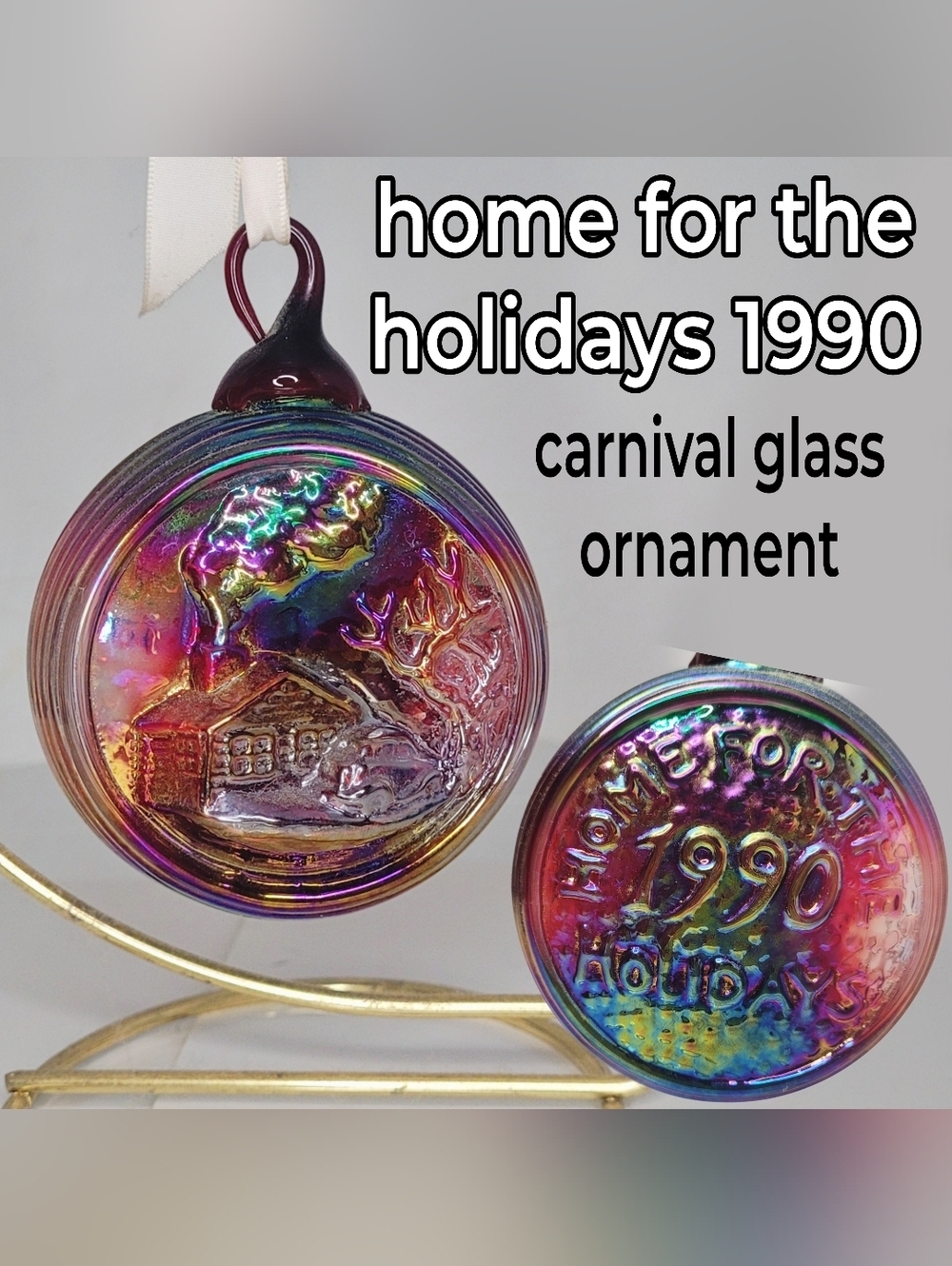 Rare 1990 Home For The Holidays Carnival Glass 3D Ornament - Iridescent Rainbow